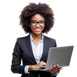 © ARVD73 - Afro curly haired business woman wearing glasses, with laptop cut out on isolated white transparent background.