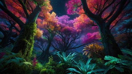 A Vibrant Futuristic Jungle Nature Landscape Illustration