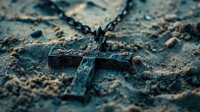 Close-up of a small cross on a chain lying on sand