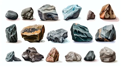 A set of 16 realistic vector rocks and stones of various sizes and colors.