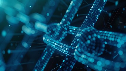 Blue digital chain symbolizing blockchain technology, with glowing data points representing various virtual blocks connected together in unbroken line, creating intricate background. block, network.