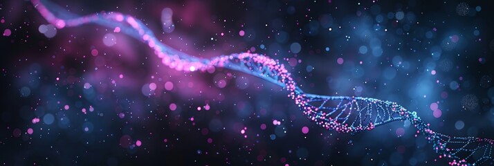 Abstract DNA double helix in blue and pink colors on a dark background with bokeh lights, a futuristic technology concept. MRNA