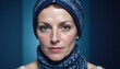© Jane - Woman cancer patient, blue headscarf to cover bald head after chemo