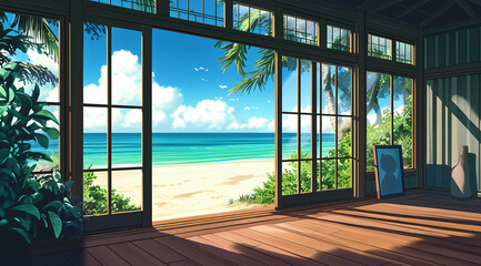 Wall Mural - view from window to the sea, window in the garden, beautiful anime japan background view in window with japan room generative AI	