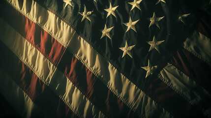 Wall Mural - U.S. flag with dynamic lighting creating shadows and depth, against a flat backdrop, dramatic freedom