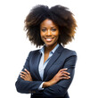 © ARVD73 - Black Business woman portrait cut out on white transparent background, Afro businesswoman in suit, crossed arms.