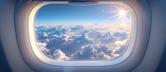 Wall Mural - A window on an airplane with a view of the sky and clouds