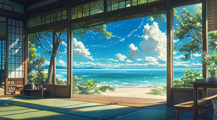 Wall Mural - background Traditional Japanese Room with Ocean View - Generative AI