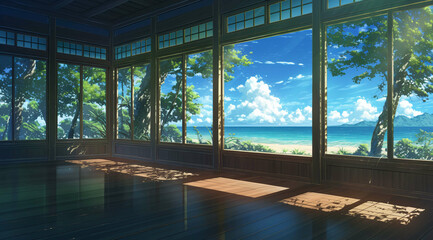 Wall Mural - background Traditional Japanese Room with Ocean View - Generative AI
