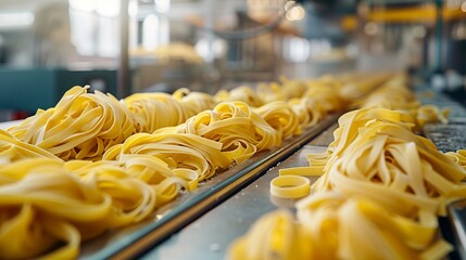 Fresh raw pasta on a moving conveyor belt, detailed closeup showing pasta shapes and conveyor mechanics, industrial pasta production with hightech equipment in the background, Photorealistic, Highreso