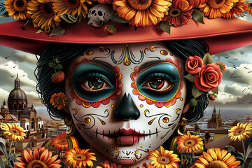 Wall Mural - A woman with a skull on her head and a red hat. The woman is surrounded by flowers and has a skeleton on her head