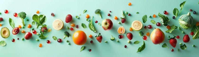 Assortment of fresh fruits and vegetables flying on a light teal background