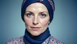 © Jane - Woman cancer patient, blue headscarf to cover bald head after chemo