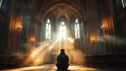 Man seen from behind, sitting in solitude in an empty church, praying with hands folded, sunlight streaming through large arched windows, Quiet atmosphere, Highresolution 8K , high-resolution, ultra H