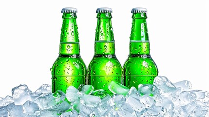 Sticker - Three green glass beer bottles covered in droplets standing upright in a pile of ice cubes. Refreshing beverages concept. Perfect for advertising and marketing. AI