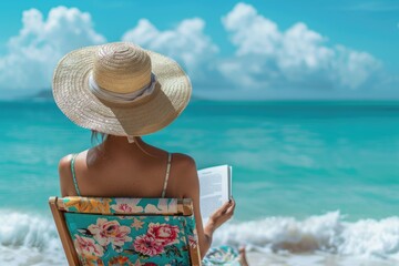 Young woman in hat with book at the beach. ai generated