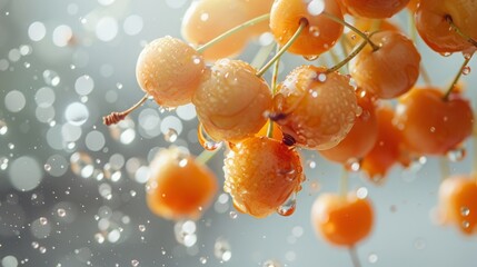 Wall Mural - cherry berries float in the air. ripe harvest, splashes of water. levitation.
