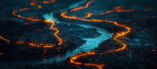 An illustration of a flowing river with blue water and orange light lines alongside it
