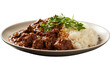 © Hafsa - Close Up of Beef Stew With White Rice and Parsley Garnishing