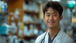 © James - Handsome Korean doctor, smiling, stethoscope, doctor's office at hospital, professional attire, caring demeanor, indoor setting, medical equipment.
