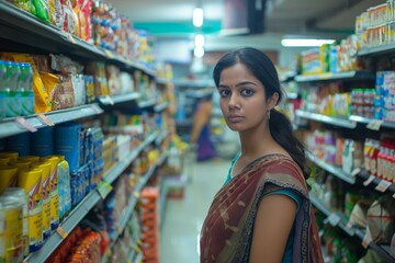 Young Indian Woman Shopping in Grocery Store Aisle Filled with Colorful Products