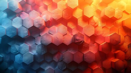 An abstract background featuring hexagons in a gradient from orange to red, bright and bold colors, hd quality, digital rendering, high contrast, geometric design, artistic abstraction, dynamic.