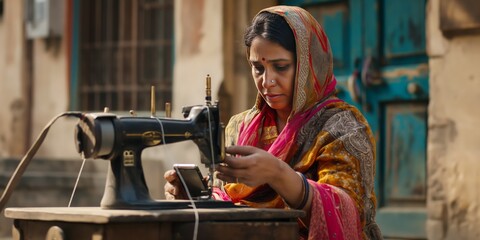 Indian woman working with a sewing machine in an outdoor setting