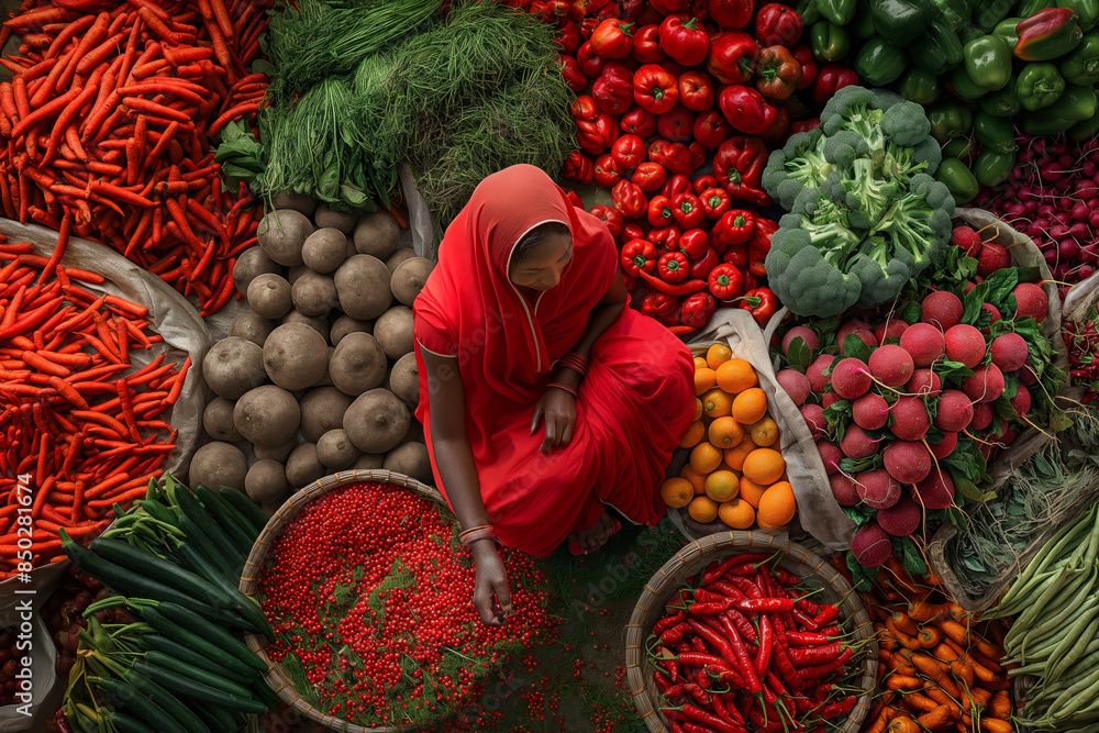 Curated visual reference: India Sort And Market Reference: Indian Woman In Red Saree Sorting Fresh Vegetables At Colorful