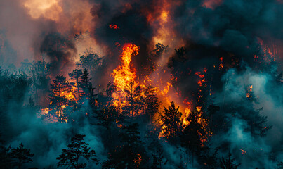Wall Mural - Devastating forest blaze engulfing trees, showcasing the destructive force of wildfires, suitable for studies on climate impact, ecological consequences, and disaster preparedness