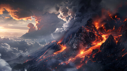 Intense volcano eruption with fiery lava streams and dark smoke clouds, suitable for natural phenomena and earth science illustrations