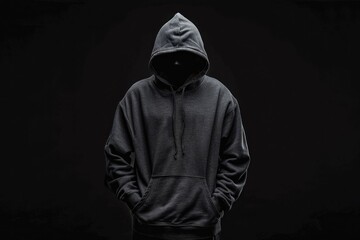 isolated faceless man in hoodie on black background, symbolizing hacker, thief, dark demon, mysterio