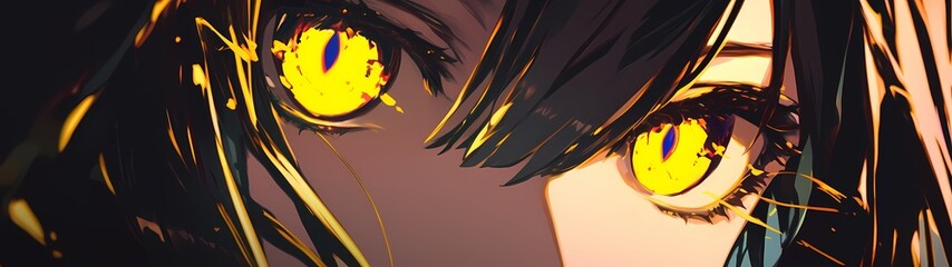 close-up illustration of shining yellow eyes, anime style banner wallpaper background
