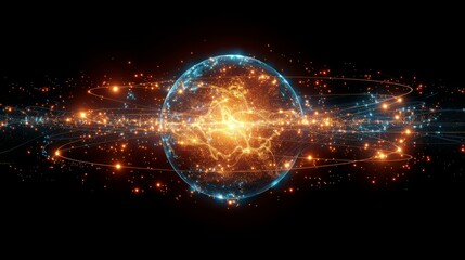 Wall Mural - A futuristic space scene with a blue sphere and orange streaks of light.
