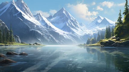 Tranquil lake reflecting towering mountains