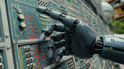 A robotic hand is pointing at a computer screen with a digital display. The hand is positioned over a keyboard, and the screen is filled with various buttons and controls.