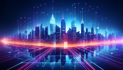 Wall Mural - A vibrant cyberpunk cityscape illuminated by neon lights in various colors, featuring towering skyscrapers and digital elements. 