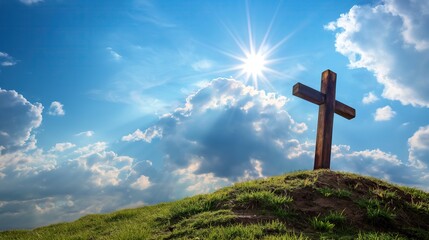 Wall Mural - wooden cross on grass hill with sun and blue skies, copy space