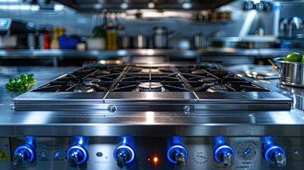 Stainless steel shiny exhaust hood equipped with grease baffles and a fire suppression system, gleaming in a professional kitchen setting.