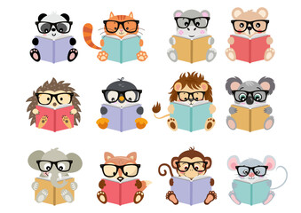 Sticker - Set digital collage of cute animals reading a book