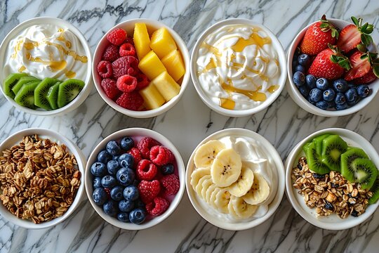 An assortment of breakfast bowls, featuring ingredients like Greek yogurt, granola, fresh fruits, and drizzled honey, arranged in an isometric pattern on a marble countertop.