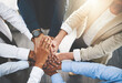 © Donson/peopleimages.com - Group, business people and hands in stack for team building, collaboration or circle in workplace community. Crowd, above or solidarity at company office for staff commitment, together for support