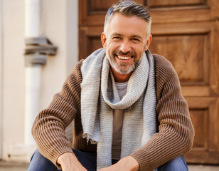 Wall Mural - man handsome smiling and sitting outside with scar front house door