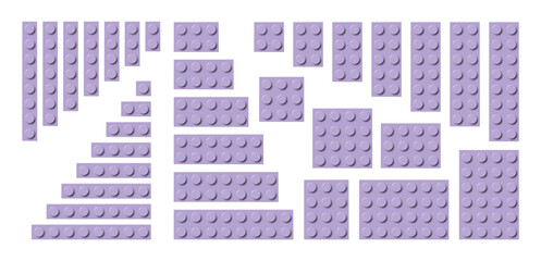 Wall Mural - Big set of purple plastic building toy blocks. Simple vector collection of childrens bricks. Abstract vector illustration isolated on a white background