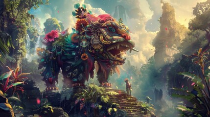 Wall Mural - Mythical beings and legendary heroes in a captivating digital folklore composition background
