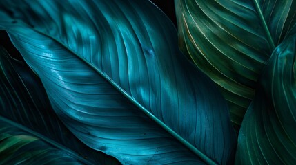 Wall Mural - closeup detail macro texture bright blue green leave tropical forest plant spathiphyllum cannifolium
