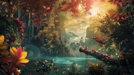 Wall Mural - Ethereal landscapes and exotic wildlife in a surreal Latin American dreamscape background
