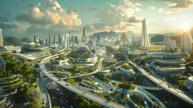 Futuristic city with sustainable architecture inspired by Hispanic community background