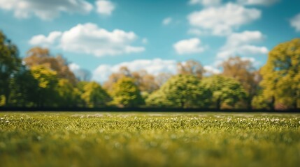 Wall Mural - Beautiful blurred background image of spring nature with a neatly trimmed lawn surrounded by trees against a blue sky with clouds on a bright sunny day : Generative AI