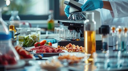 Wall Mural - Close-up of a food scientist's desk with food samples and lab equipment, representing a job in food science