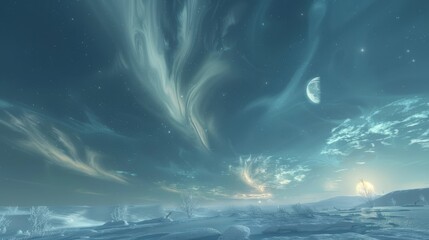 Sticker - Ethereal winter sky with distant stars and drifting clouds background